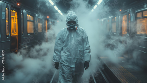 A man in a white hazmat suit, spraying white smoke, on a train,generative ai photo