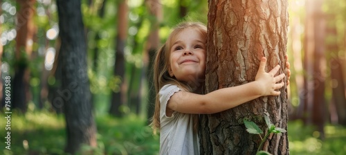 Net zero and carbon neutral concept. Child hugging a tree in the outdoor forest. global problem of carbon dioxide and global warming. Love of nature. greenhouse gas emissions target Climate neutral 