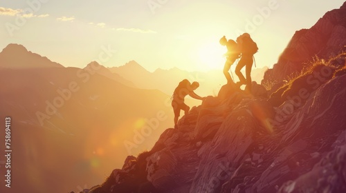 Adventurous hikers reaching summit at sunrise  offering helping hands in rugged mountain terrain - AI generated