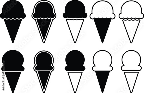 Ice cream cone icon set isolated on transparent background. Modern sweet vanilla desert sign. Trendy black vector chocolate cram symbol collection for web site design, button to mobile app. Logotype.