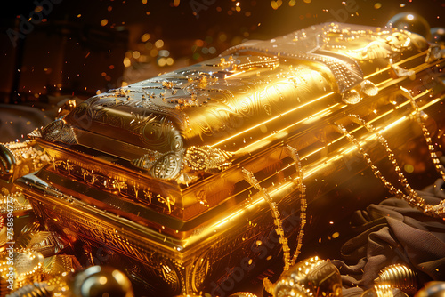 Golden ornate treasure chest surrounded by varity of gold items and jewels