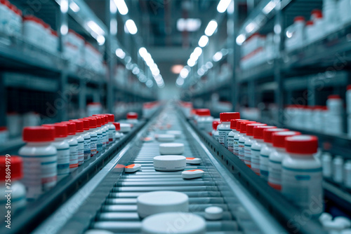 Rows of medicine bottles in a pharmaceutical manufacturing facility showcasing industry production photo