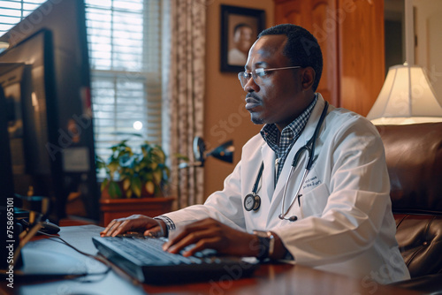 Professional African male doctor in a white coat working at his desk on computer in a well-lit office photo