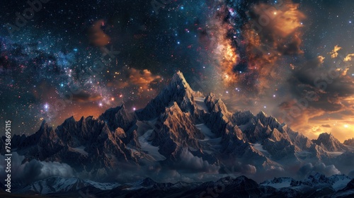 Majestic mountains stand beneath a starry sky, painting a portrait of cosmic beauty and tranquility.