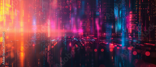Abstract image representing a digital landscape with glowing neon lights and circuitry, symbolizing a data stream within a virtual space or cyberspace environment. © ChubbyCat