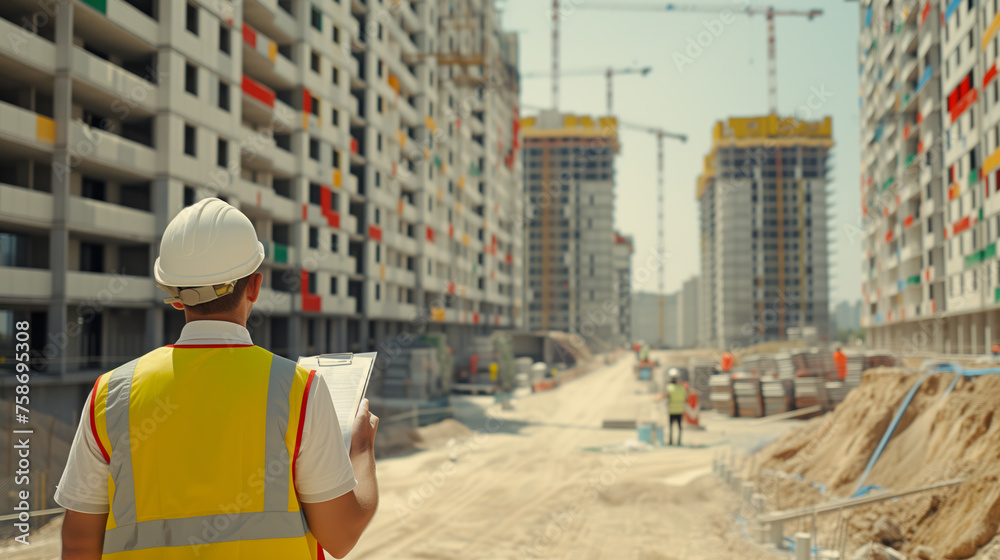 A man in construction gear examines a new building site with high-rise apartments being built. Ai generative illustration A man in construction gear examines a new building site with high-rise apartments being built. Ai generative illustration
