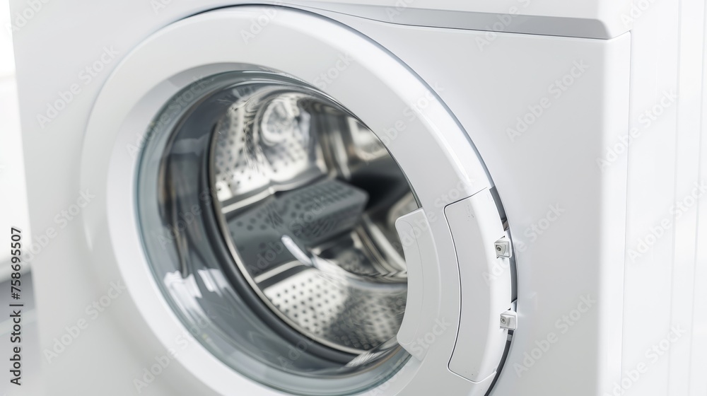 a close-up image of a white washing machine. standing alone in a white room, white background. a close-up image of a white washing machine. standing alone in a white room, white background.