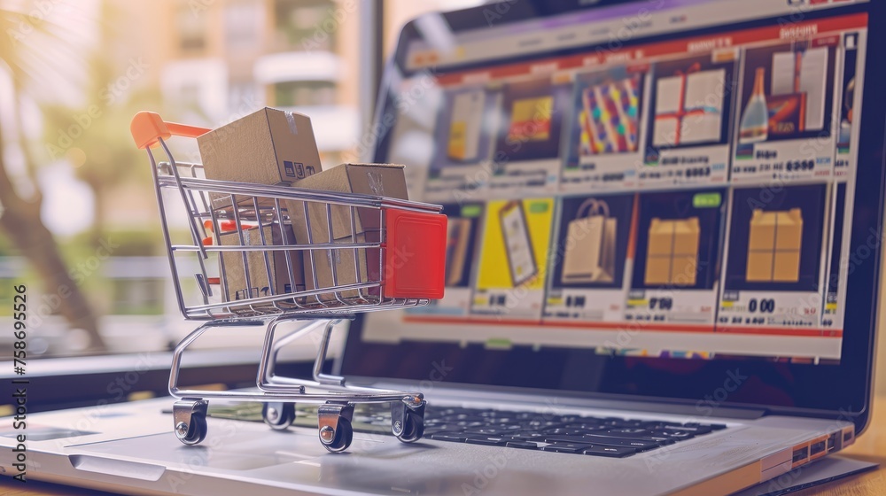 Creative concept of online shopping with a 3D shopping cart coming out of a laptop screen - AI generated Creative concept of online shopping with a 3D shopping cart coming out of a laptop screen - AI generated
