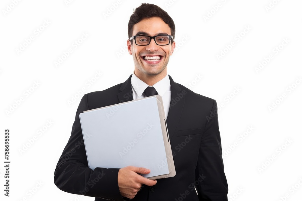 A confident businessman holding a document file folder smiling isolated on white background. A confident businessman holding a document file folder smiling isolated on white background.