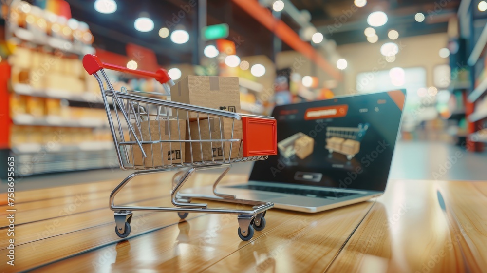 Creative concept of online shopping with a 3D shopping cart coming out of a laptop screen - AI generated Creative concept of online shopping with a 3D shopping cart coming out of a laptop screen - AI generated