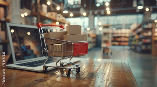 Creative concept of online shopping with a 3D shopping cart coming out of a laptop screen - AI generated