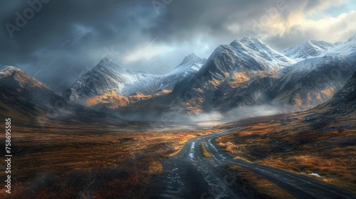A solitary road winds its way through surreal mountain landscapes. photo