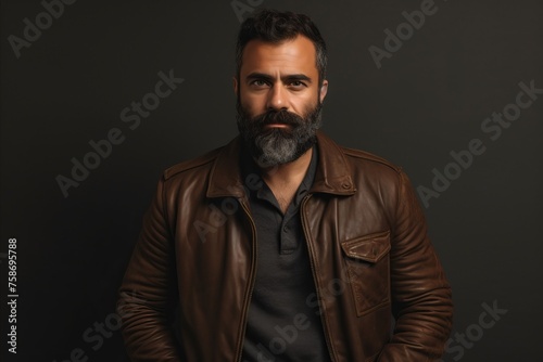 Handsome bearded man in a brown leather jacket on a dark background
