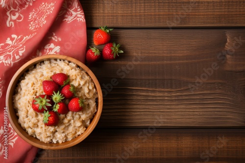 oatmeal with strawberries, on a wooden background, copy space for text