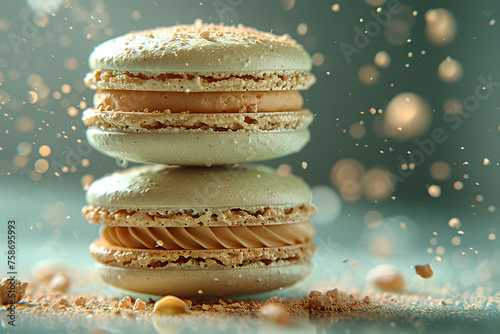 Sweet macaroons macarons with crumbs falling flying isolated on blur background. French cookies with vanilla, raspberry and strawberry.