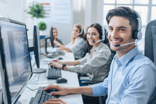 Focused customer service representatives with headsets working at computers in a modern office environment - AI generated