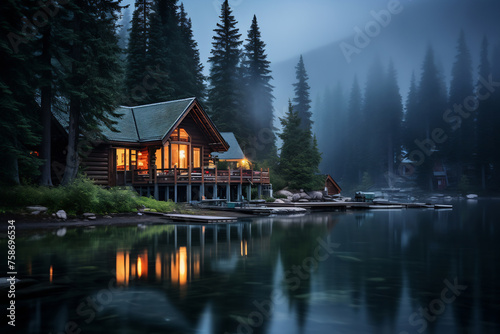 Cabin on lake shore at night