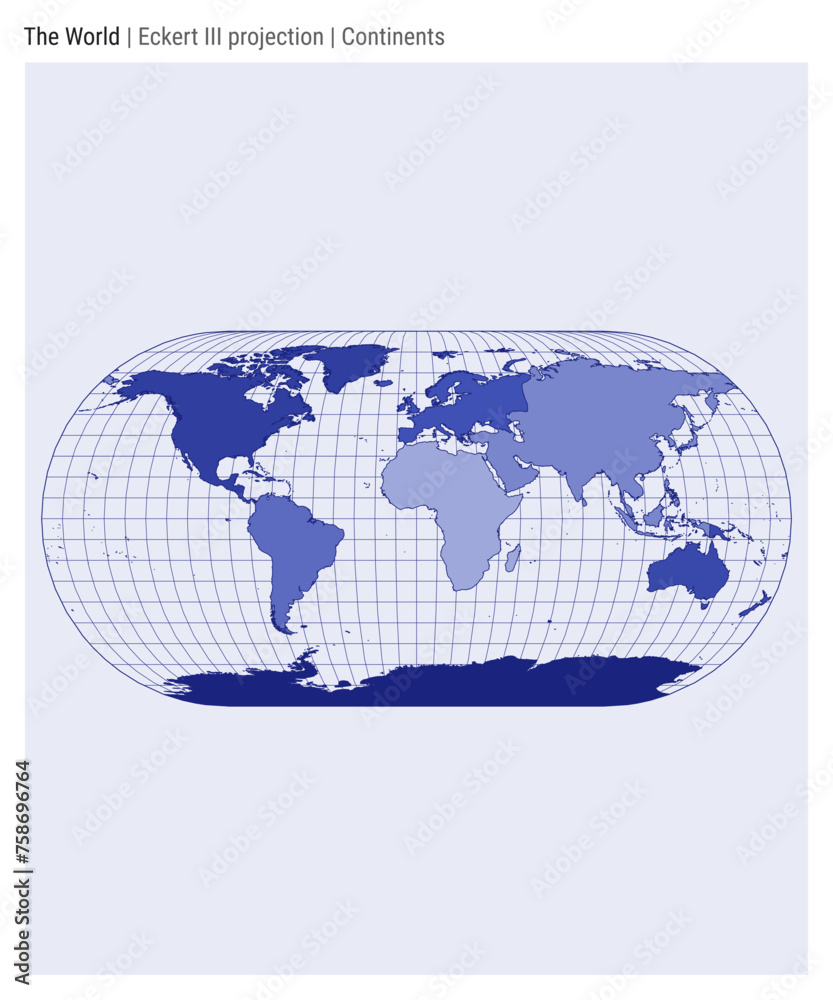 World Map. Eckert III projection. Continents style. High Detail World map for infographics, education, reports, presentations. Vector illustration.