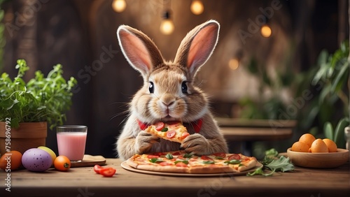 Easter bunny eating tasty pizza , cafe background