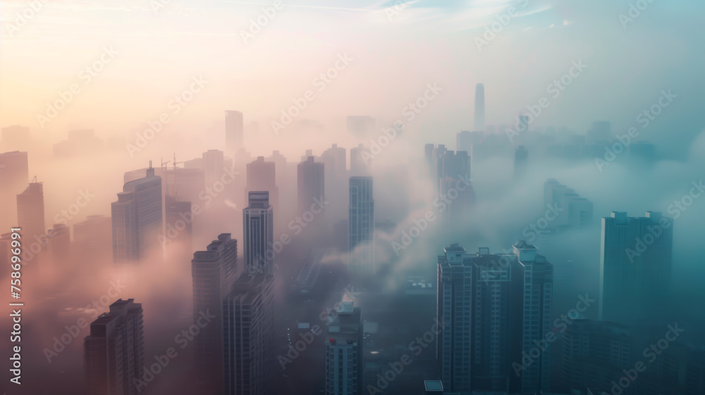 City skyline enveloped in smog during sunrise, symbolizing pollution.