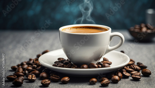A cup of espresso coffee on a saucer surrounded by coffee beans. AI generated