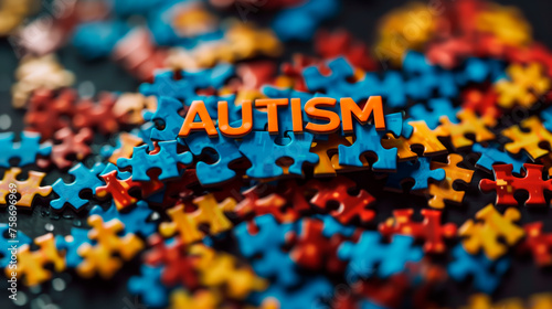 Puzzle pieces with the word AUTISM, symbolizing awareness.