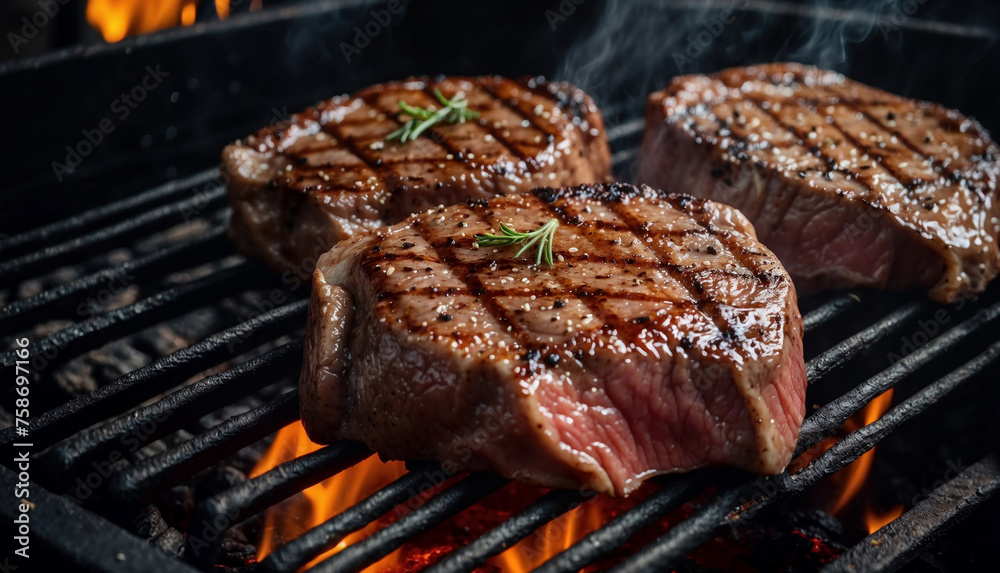 Close shot of Beef steaks on the grill. AI generated Close shot of Beef steaks on the grill. AI generated