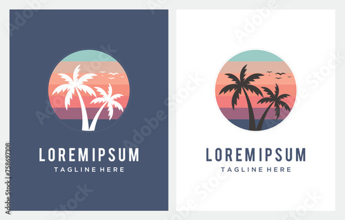 Silhouette Palm Tree and Golden Sun Beach for Hotel Restaurant Vacation Holiday Travel logo design