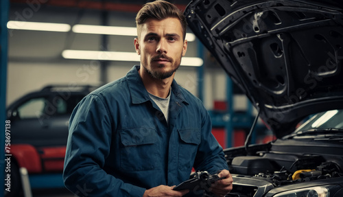 Attractive confident male auto mechanic working in Car service. AI generated