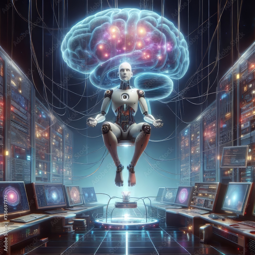 Fototapeta premium Super Advanced future technology with a virtual screen, brain-mind, robot, PC, and laptops. Science and Technology Research Centre. Synaptic Symphony: AI Consciousness Emerging. Generative AI 