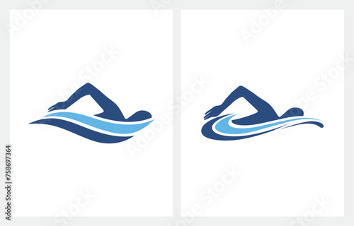 Minimalist Swimming Pool Water Wave logo design vector icon signs inspiration, blue color