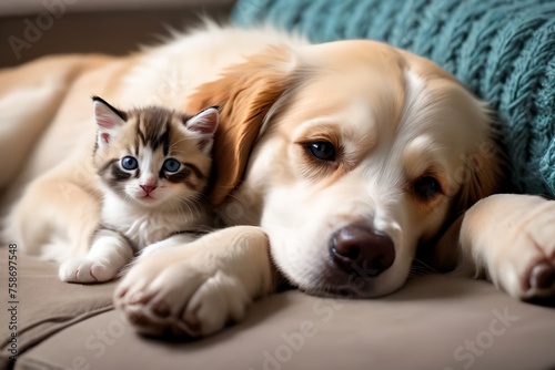 A loving kitten and a dog are lying on the bed. © Peredniankina