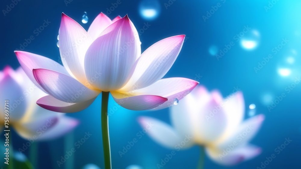 Lotus flower in white pink color with drops of dew on a bright blue blurred background with lotus flowers. Banner, spa.