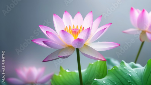 Lotus flower closeup with leaves in drops of dew, rain, water. Gray background, banner.