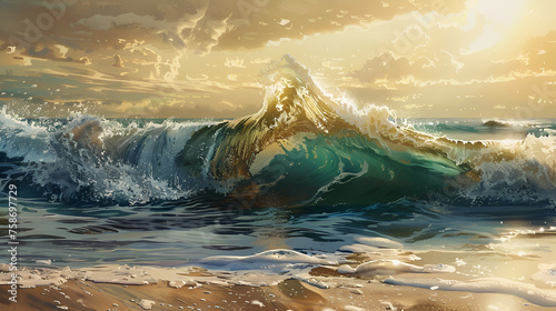 Surf wave in ocean at sunset. 3D rendering illustration, Beautiful seascape with stormy waves. Digital painting