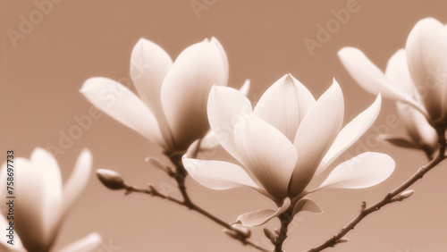 Branch with magnolia flowers with sepia tones against a background of blurred sky, soft focus © Marina David
