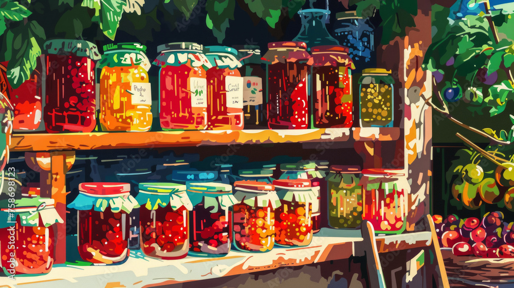 Illustration of vividly colored jars with preserves on shelves, evoking a rustic and homely vibe