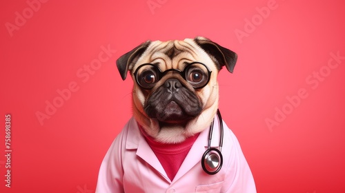 A small dog with a stethoscope and a doctor's suit on a pink background. Banner © ALA