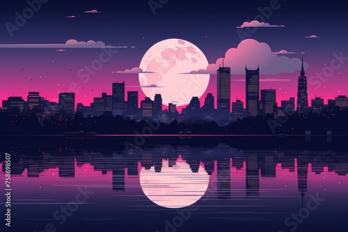 Urban cityscape at night with full moon, buildings and skyline illuminated by the moonlight photo