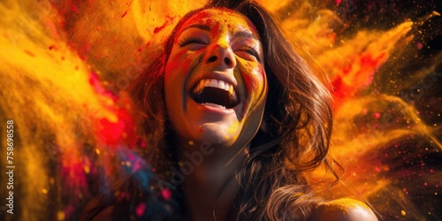 Amidst the festive atmosphere of Holi, a woman revels in the celebration, her spirit as bright as the colors around her.