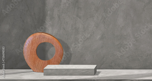 Empty rectangle podium near abstract wooden shape on mockup stage cement loft wall room studio backdrop for product display presentation background, illustration