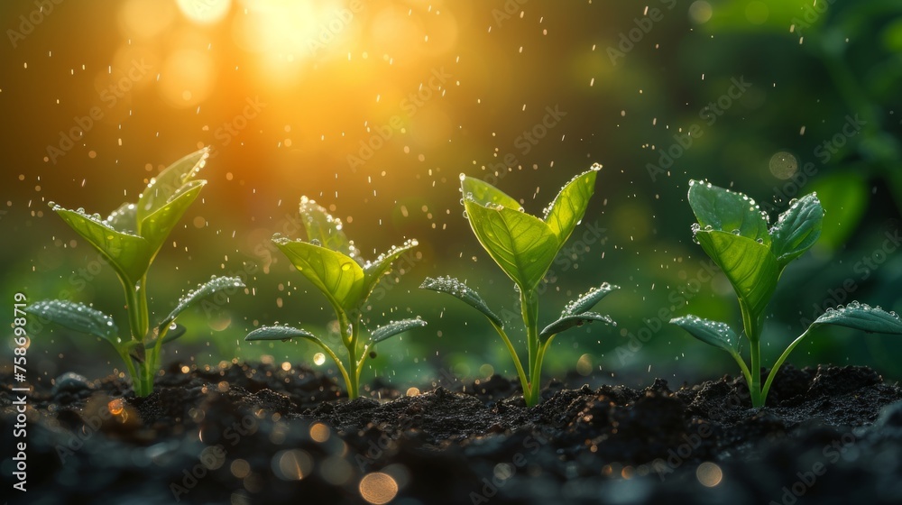 Illustration of a field of green plants with a sunset in the background. Beginning of growth.