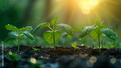 Illustration of a field of green plants with a sunset in the background. Beginning of growth.