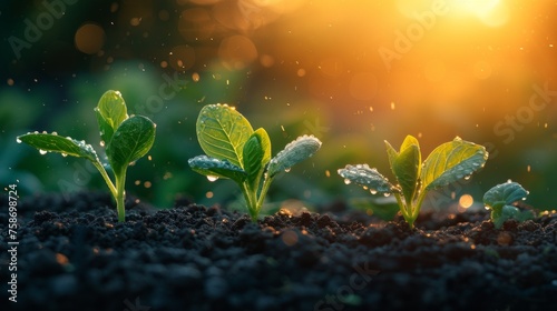 Illustration of a field of green plants with a sunset in the background. Beginning of growth.
