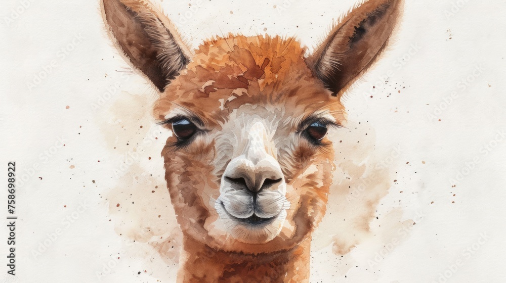 Watercolor portrait of a cute alpaca. llama on watercolor background