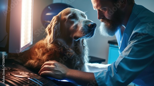 A veterinarian performs an ultrasound of a dog using modern equipment with innovative technologies in a veterinary clinic. photo
