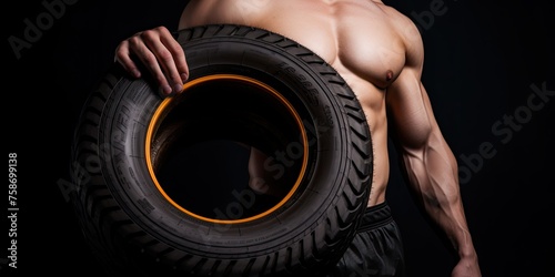A muscular athlete hauls tires as part of his rigorous training regimen, showcasing his dedication to fitness.