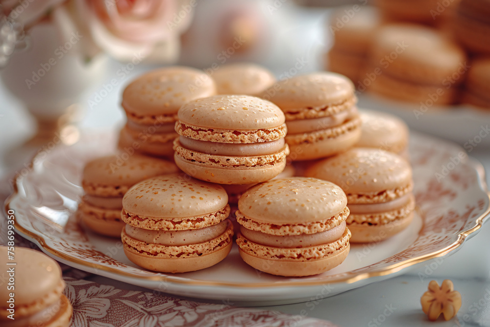 French macarons stack lined up in a neat row with blur background French macarons stack lined up in a neat row with blur background