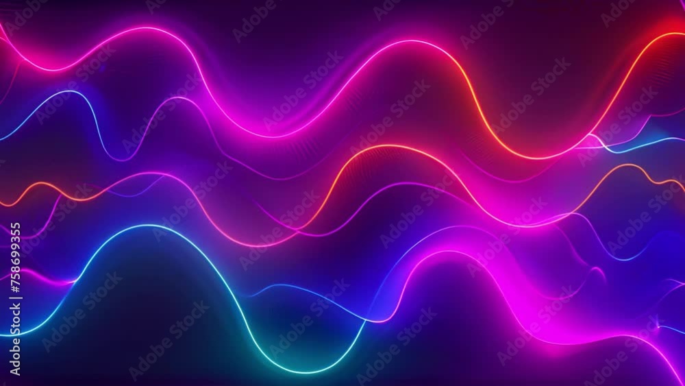 Neon line shapes animation of glowing horizontal lines streaming across the screen. Deep blues and vibrant purples make this a great seamless loop abstract background. Glowing pink and purple neon 