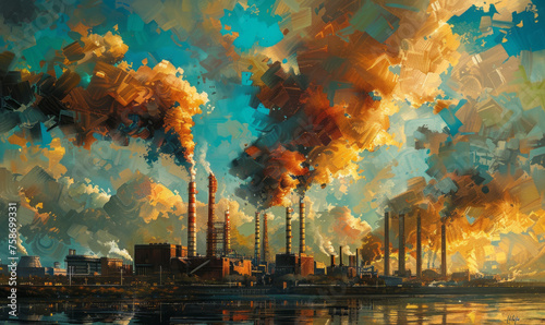 A surreal industrial landscape where factories emit vibrant, unnatural smoke into a serene blue sky, symbolizing pollution,generative ai photo